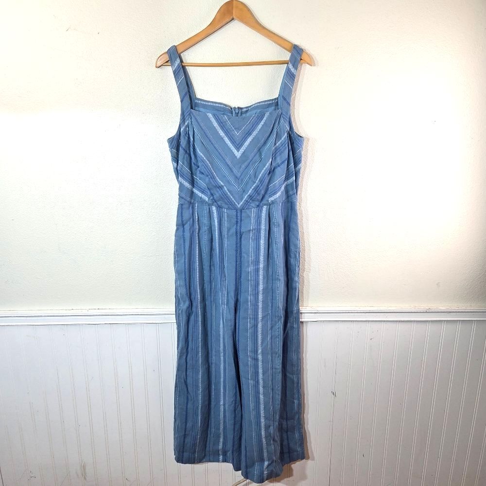 Women’s Anthropologie Blue Striped Linen Cotton Blend Boho Jumpsuit Size 12